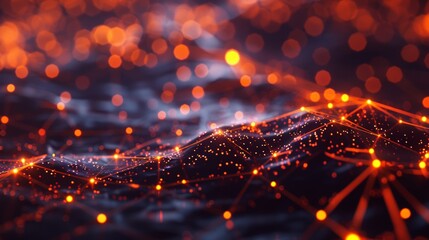 Naklejka premium Minimalistic network of glowing orange nodes and lines forming abstract geometric shapes, random color background, high-tech digital connections, futuristic feel, depth of field effect, clear and