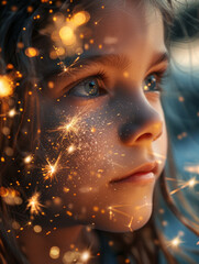 Close-up of a young girl's face with sparkling lights overlay.