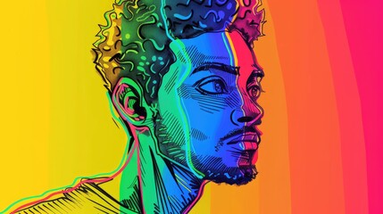 Cartoon man depicted in rainbow gradient line art