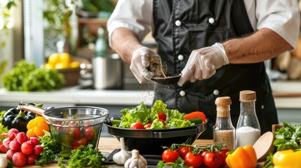 a chef's hands sprinkling pepper on a fresh salad bowl with vegetables and leaves, set against the background of a restaurant kitchen for a cooking food concept.