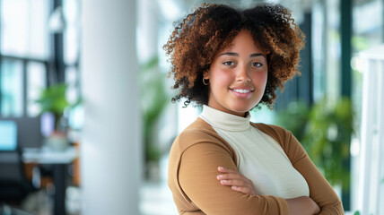 Confident young black woman with curly hair in a stylish indoor setting, plants and books in the background