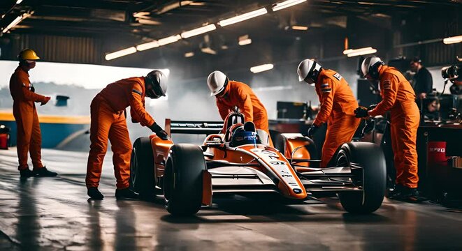 Mechanics and driver in the pits repairing the car.