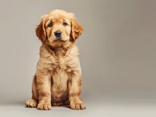 Fototapeta premium An adorable Golden Retriever puppy sitting with a playful expression, its soft fur and big paws emphasized in the studio lighting. 
