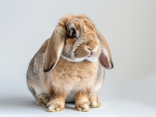 A Holland Lop rabbit with its distinctive floppy ears and fluffy coat, sitting calmly on a white background. 