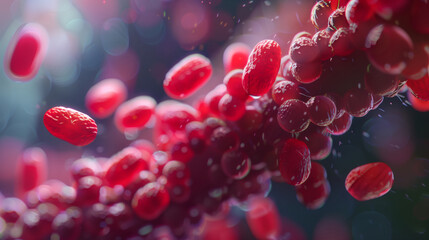 A bunch of red bacteria. Abstract fantastic beautiful background. The study of microbes and viruses