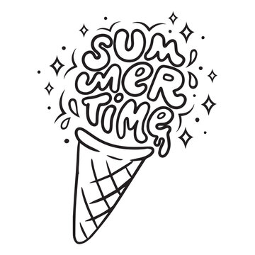 ice cream cone with summer time lettering in cartoon style, hand drawn vector illustration isolated on white background, black outline design, template for coloring book,banner,logo,print,cards