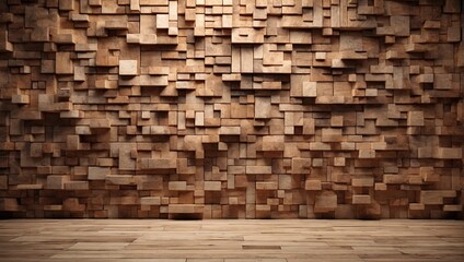 3D Tiles arranged to create a Natural wall. Timber, Wood Background formed from Square blocks. 3D Render