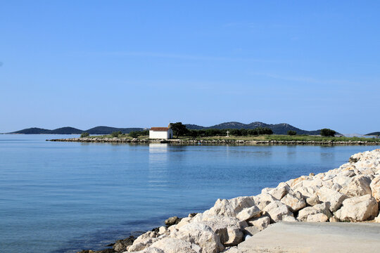 the small island with chapel in Pakostane, Croatia