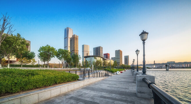 Urban Promenade by the Waterfront at Sunrise