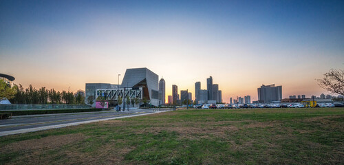 Urban Sunset View with Modern Buildings and Open Sky