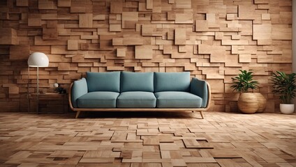 3D Tiles arranged to create a Natural wall. Timber, Wood Background formed from Square blocks. 3D Render