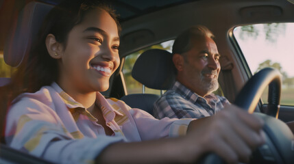 A happy smiling young woman and an elderly man are driving in a car, a woman is driving. Driving instructor