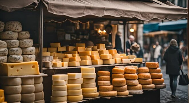 Stall in the cheese market at a gastronomic fair.