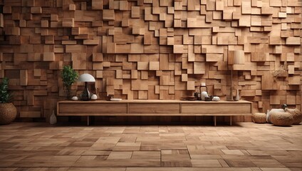 3D Tiles arranged to create a Natural wall. Timber, Wood Background formed from Square blocks. 3D Render