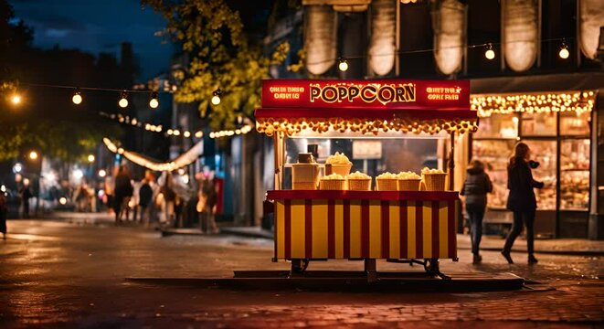 Popcorn food truck at night.