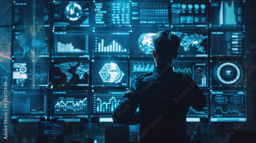 Poster a security officer stands in front of a wall of digital screens displaying various data, including c