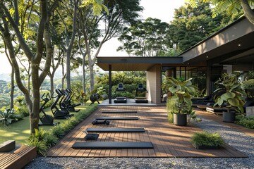 Wooden deck, benches, trees