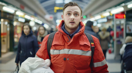 A man in a red jacket walks through a busy indoor space, looking surprised