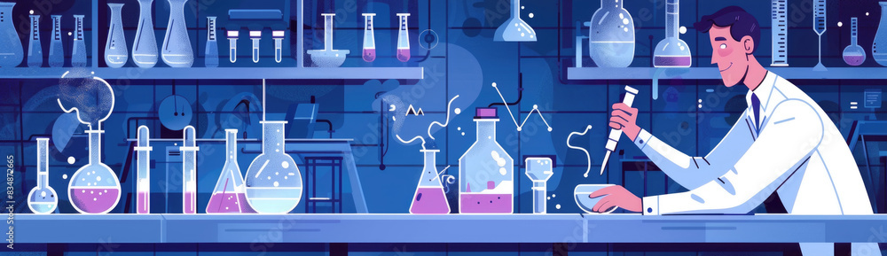 Aufkleber a cartoon illustration of a scientist working in a laboratory, conducting an experiment with various