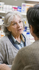 Obraz premium A woman speaks to a pharmacist in a pharmacy setting, her expression is concerned