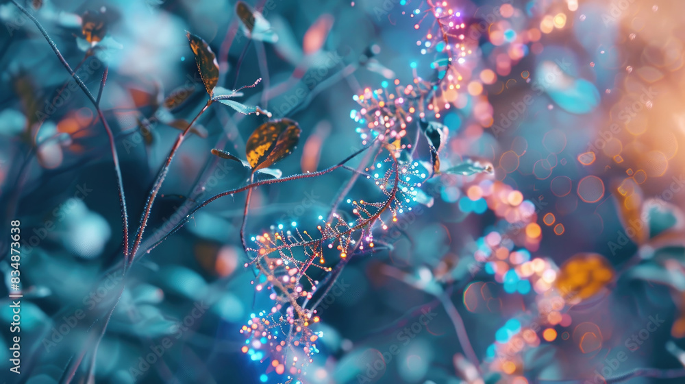 Aufkleber a close-up of a branch with colorful lights, surrounded by greenery and bokeh