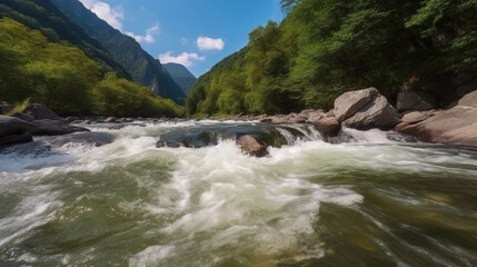 Stormy river against the backdrop of mountains, forests, sunset. AI generated.
