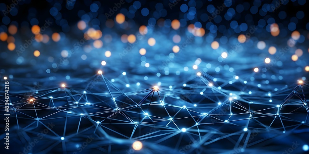 Poster 3d visualization of interconnected digital network representing technology and communication researc