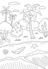 Sea coast graphic beach black white landscape vertical sketch illustration vector 