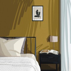 Interior close up view of bed with nightstand 