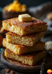 Cornbread - Moist cornbread slices with a pat of butter melting on top.