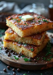Cornbread - Moist cornbread slices with a pat of butter melting on top.