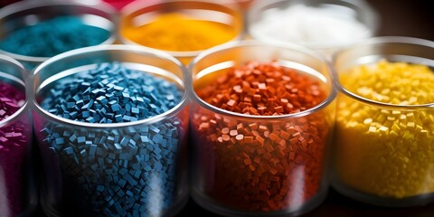 Small colorful plastic granules for sustainable reuse in various applications. Concept Eco-friendly Granules, Plastic Reuse, Sustainable Materials, Colorful Options, Multiple Applications