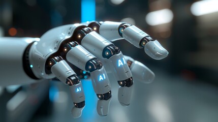 3D render of a white robot hand with ai sign