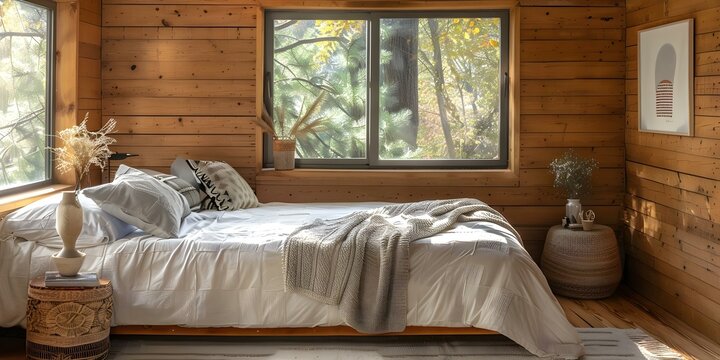 Bedroom interior with wooden walls window bed and side table. Concept Rustic Bedroom, Wooden Interior, Cozy Decor, Natural Light, Home Design