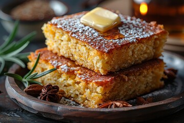 Cornbread - Moist cornbread slices with a pat of butter melting on top.