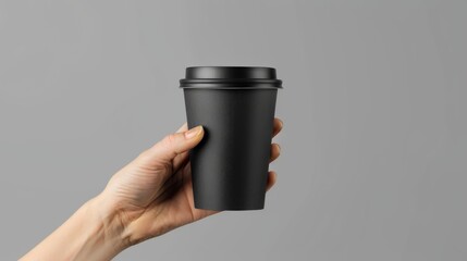 hand holding black paper coffee cup mockup