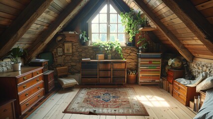 Organized attic with repurposed furniture, recycled storage bins, green roof, creating sustainable, tidy space