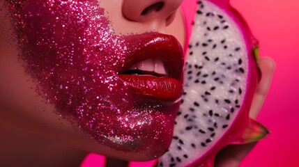 Obraz premium photograph of a woman's lips engaged in vibrant red glitter, holding a slice of dragon fruit