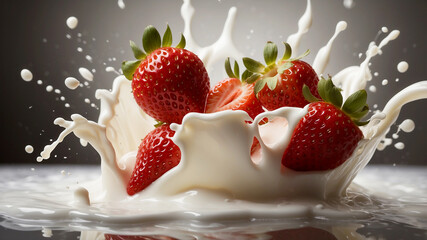 strawberries splashing into milk