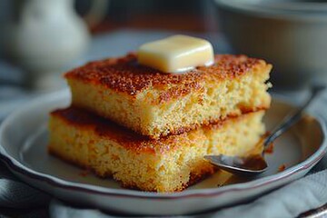 Cornbread - Moist cornbread slices with a pat of butter melting on top.