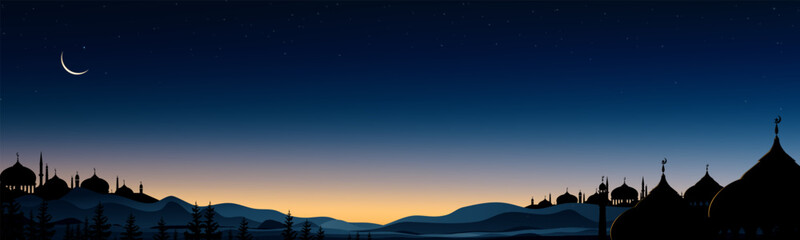 Sky Night,Ramadan Kareem Background Dome Mosques,Crescent moon,Star,twilight dusk Sky,Vector Greeting card for symbolic of Muslim culture ,Eid Mubarak,Eid al adha,Eid al fitr,Islamic new year,Muharram