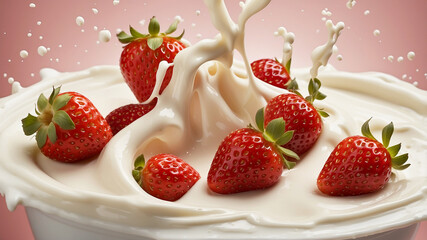 strawberries splashing into milk