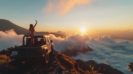 woman on a jeep on the peak of mountain