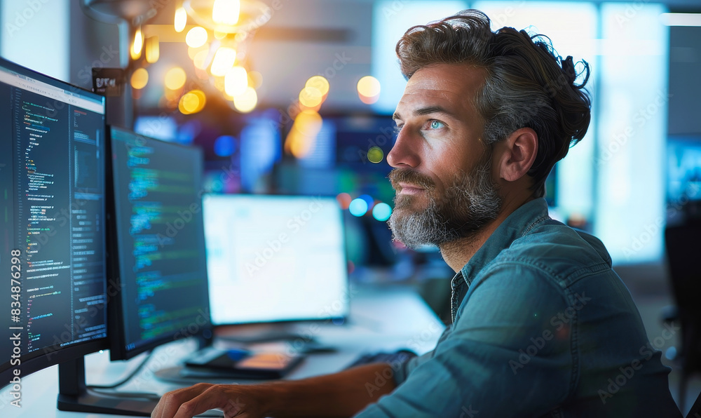Poster focused male programmer working in modern office with dual monitors coding at night, illuminated by 