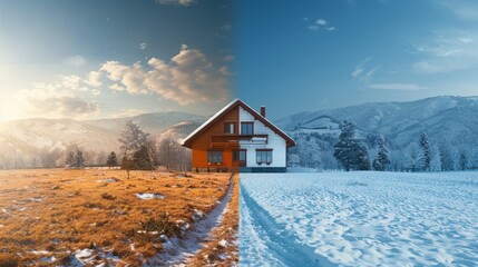 photo of a house divided into two seasons, cold winter and warm summer