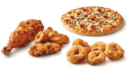 a set of fast food items including French fries, chicken wings, pizza, shrimp pieces, and a hot dog, isolated on a white background.