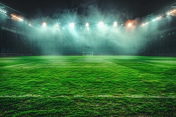 Naklejka premium Night foggy soccer field with spotlights