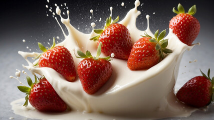 strawberries splashing into milk