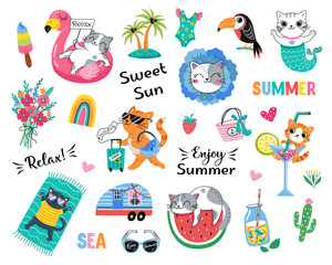 Hello Summer Cat collection. Vector illustration of colorful funny cute doodle summer symbols, such as flamingo, ice cream, palm tree, cactus. isolated on white background