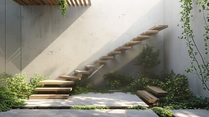 Minimalist staircase with floating wooden steps, surrounded by greenery, using sustainable building...